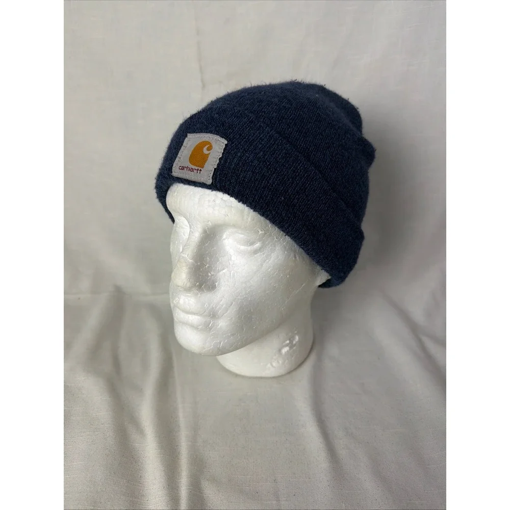 Carhartt Navy Blue Knit Beanie Hat Acrylic Workwear Cuffed Logo Patch Mens OSFM